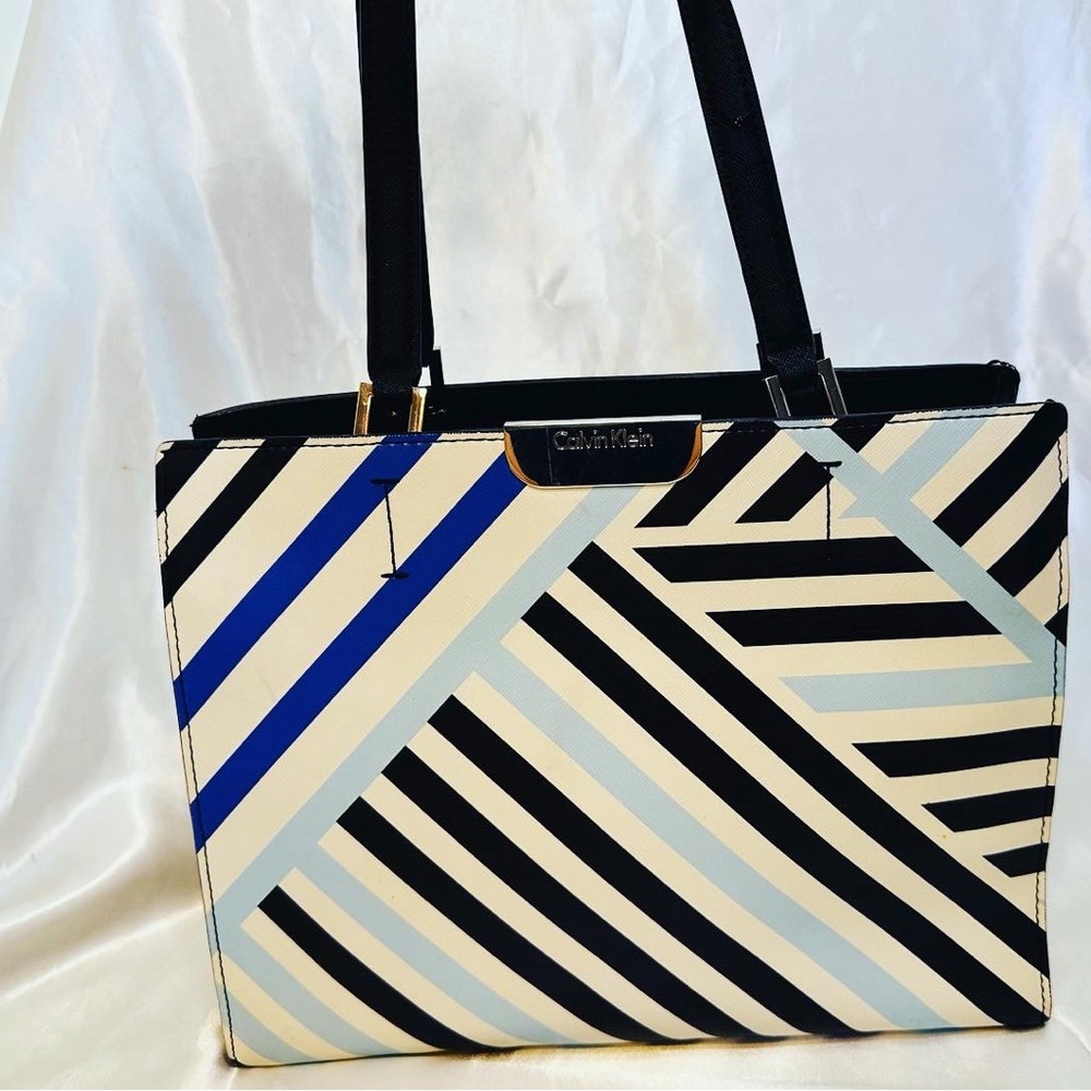 CalvinKlein Blue/White/Black Colorblock Summer Bag Purse striped shoulder silver - Picture 5 of 7